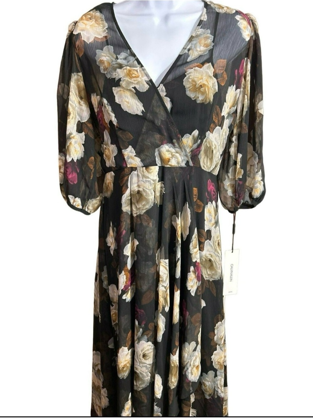 Calvin Klein Black Floral V-Neck Maxi Dress with Puff Sleeves